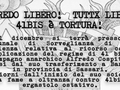 Bologna: 1 Dicembre presidio al Tribunale di Sorveglianza in solidarietà con Alfredo e con tutti i prigionieri rivoluzionari